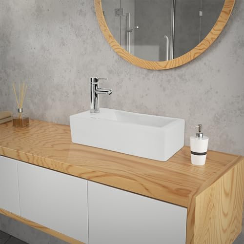 ML-Design Lavabo en Céramique, Rectangulaire, 51x25x13 cm, Blanc, Trou pour Robinet à Gauche, Montage Mural ou Sur Plan, Vasque à Poser, Lave Mains Petit Évier Supendu pour Salle de Bain Toilette