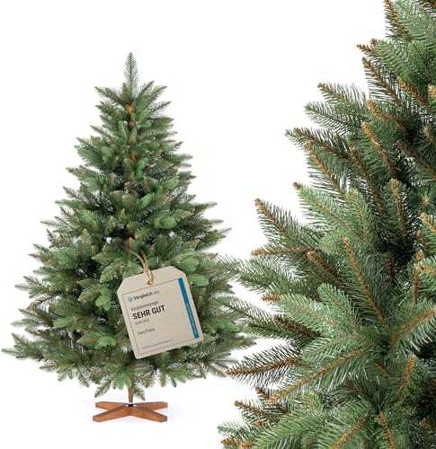 Albero FAIRYTREES Nordman Premium 150 cm, realizzato nell'UE. Albero di Natale artificiale formato da due materiali diversi, con supporto in frassino fatto a mano, tronco marrone