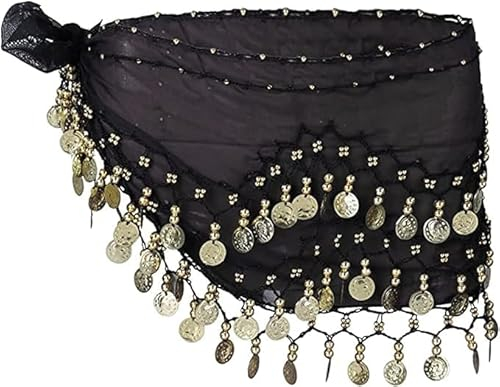 Forhome Bauchtanz Hüfttuch, Chiffon Bauchtanztuch Wickelgürtel Flügelrock mit 128 Goldmünzen, Damen Bauchtanzgürtel, Mädchen Latin Yoga Zumba Bauchtänzerin Outfit, Schwarz