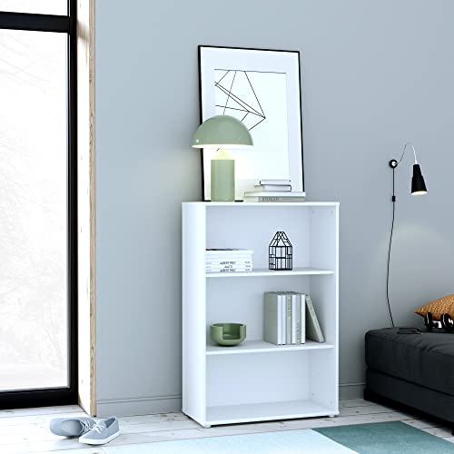 Forte TEMPRA 2 modernes Bücherregal 70 80, Regal mit 2 Einlegeböden, weißes Regal, Standregal Büro, Jugendzimmer, Kinderzimmer, Holzwerkstoff, Weiß, 73,7 cm breit x 111,1 cm hoch x 34,8 cm tief