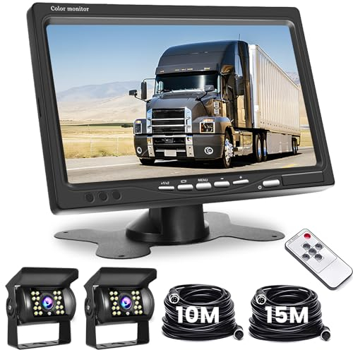 Hikity Rückfahrkamera 2 Kameras Set, 7 Zoll LCD Monitor, Wasserdichtes Rückfahrkamera Nachrüsten Set mit 15M/10M Kabel für Auto LKW Wohnmobil Lieferwagen Anhänger 12V-24V