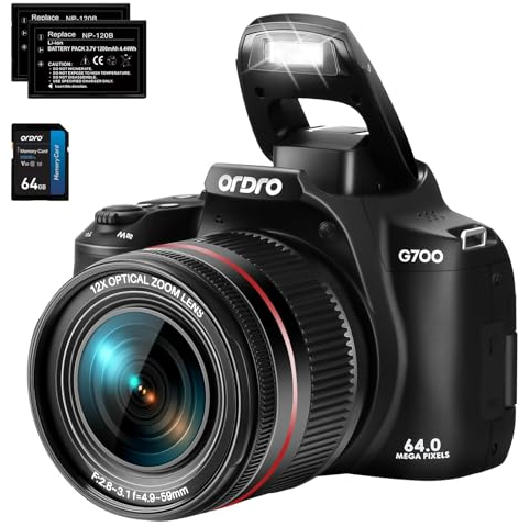 ORDRO Digitalkamera 64MP, Kamera Fotokamera, 4K Vlogging Kamera mit 3 Flip Screen, 12X Optischer Zoom, Autofokus, Anti-Shake, 64GB SD Karte für Einsteiger