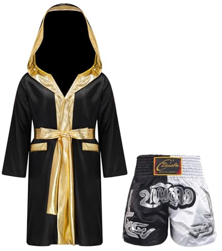 LiiYii Muay Thai - Conjunto de boxeo para niño y niña, con pantalones cortos deportivos MMA Albornoz con capucha y chándales de combate de 5 a 16 años, negro y blanco, 15-16 años