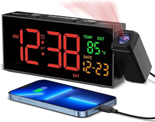 Sveglie da Comodino con Proiezione, Sveglia Ad Alta Voce con Proiettore Rotante a 350°, Temperatura, Data, 10 Suonerie, 4 Volumi, 5 Livelli di Luminosità, Carica USB, Sveglia Proiettore per Camera da