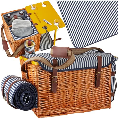 tectake® Picknickkorb und Picknickdecke 4 Personen, befüllter Picnic Basket Weidenkorb für Ausflug, Camping, Dinner Date, Picknickkorb mit Deckel, als Geschenkkorb, Rotkäppchen Korb - Rügen