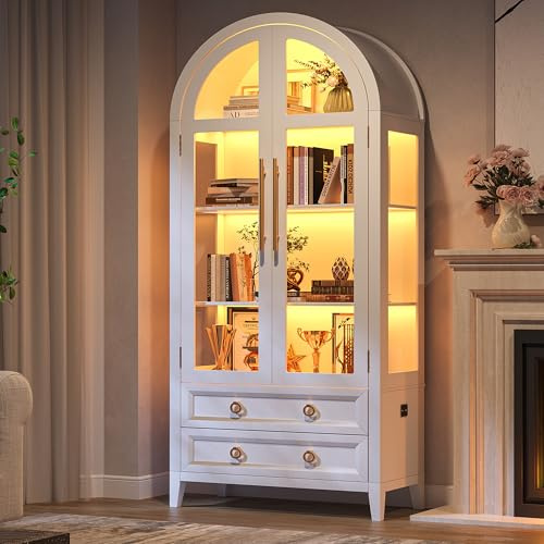 LVSOMT LED Vitrine en Verre Arquée, 180cm Vitrine pour Collection, Vitrines et Rangements Bombé en Bois avec Portes en Verre, Armoire Salon avec 4 étagères et 2 Tiroirs, 3 Couleurs de lumière, Blanc