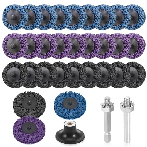 Disco abrasivo CSD, 30 unidades, disco de limpieza grueso, 2 pulgadas, para taladro, disco de limpieza, juego con dos barras de tracción para eliminar el óxido o pulir, 3 colores