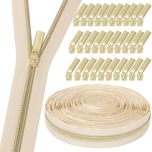 GUBOCA 9 M Cerniera Lampo Lunga,Cerniere in Nylon per Cucito a Metro con 30 Pezzi di Accessori (Oro,Beige)