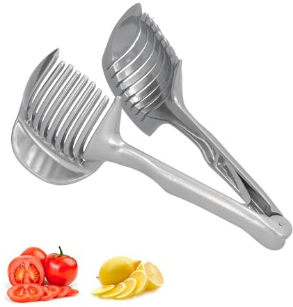 Majatou Cortador de rodajas de limón y tomate de cebolla, alicates de fruta redondos de mano versátil soporte de cebolla de acero inoxidable rebanado simple fruta vegetal cocina corte ayuda