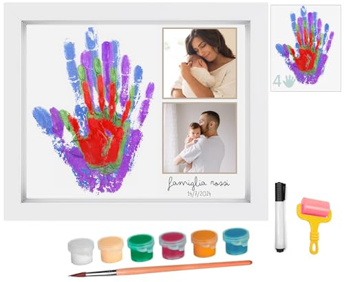 HuBorns - Cornice Impronta Mani e Piedi Neonati con Spazio per 4 Impronte, Kit Impronta Mani Famiglia per Dipingere Impronte, Set Impronte Mani e Piedi Neonato Ideale Regalo Neonato