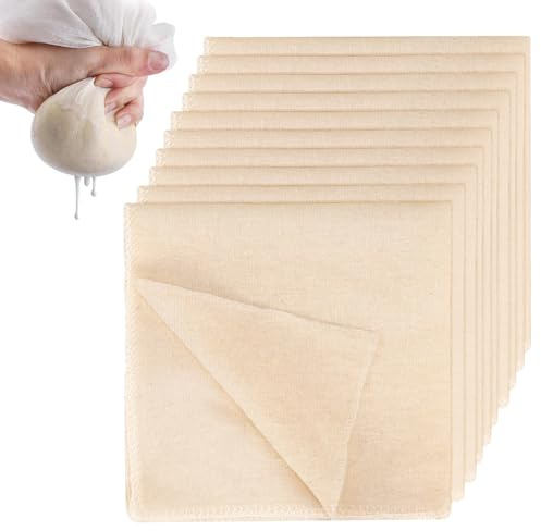 10 Pcs Cheese Cloths for Straining, 50x50cm Muslin Cloths for Cooking, Reusable and Washable Cheesecloth, Unbleached Cotton Cheese Cloth Food Strainer for Nut Milk, Juice, Butter, Baking