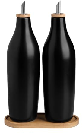 Sweejar Matte Ceramic Olive Oil Dispenser Bottles with Bamboo Tray, 17 Oz Oil Dispenser Set for Kitchen Counter, Opaque Oil Cruet for Cooking, EVOO, Vinegar, Avocado Oil, Pack of 2 (Black & Tray)