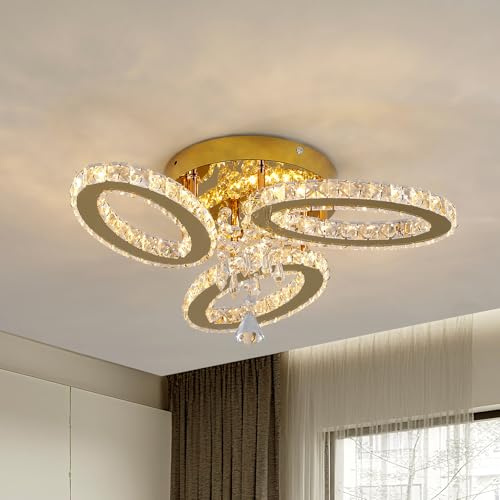 VETRULUS Modern Kristallkrona LED med 3 Ovala Guldarmaturer, Infälld Taklampa med Tre Färglägen för Sovrum, Kök, Matsal, Hall och Entré