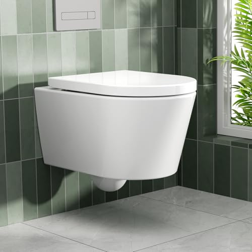 Rainsworth WC suspendu sans bord – Chasse puissante, cuvette WC avec abattant WC à fermeture automatique, design compact 48,5 cm de long, facile à nettoyer et facile à nettoyer, design moderne