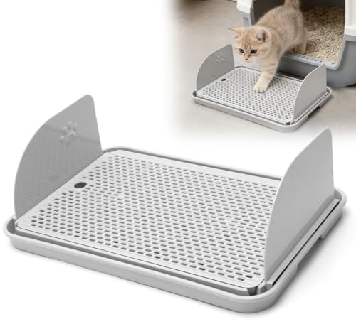 Grande rampe pour chat, 42 x 28,5 cm, escaliers pour chats, avec mélangeur anti-éclaboussures, bac à litière pour chat, fonction filtration, attrape-litière pour petits chats âgés, gris clair