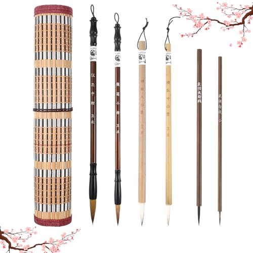 Jxiwfvl 6 Stück Chinesischer Kalligraphie Pinsel Set, Mal Und Schreibpinsel für Kalligrafie, Gemischte Größe Japanische Kanji Sumi Pinsel für Anfänger Mit Roll up Pinselhalter