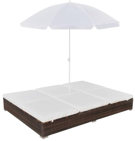 BARULUOAKLIFE Brown PE Rattan Sun Lounger with Adjustable Armrests, Double Size Outdoor Lounge Bed with Removable Umbrella and Washable Cushion Covers for Patio, Garden, Balcony, Durable