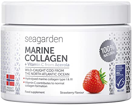 Seagarden Collagene Marino in Polvere 150 g - Da Merluzzo Artico Norvegese Selvatico, Con Vitamina C, Integratore per Pelle, Capelli, Ossa, Articolazioni - Gusto Fragola