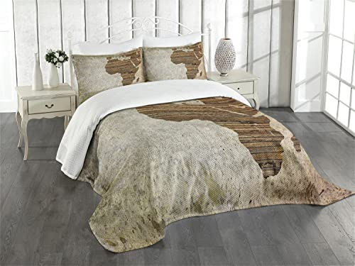 ABAKUHAUS afrikanisch Tagesdecke Set, Hölzerne Planke-Afrika-Karte, Set mit Kissenbezügen Weicher Stoff, für Doppelbetten 264 x 220 cm, Umbrabraun Braun Tan