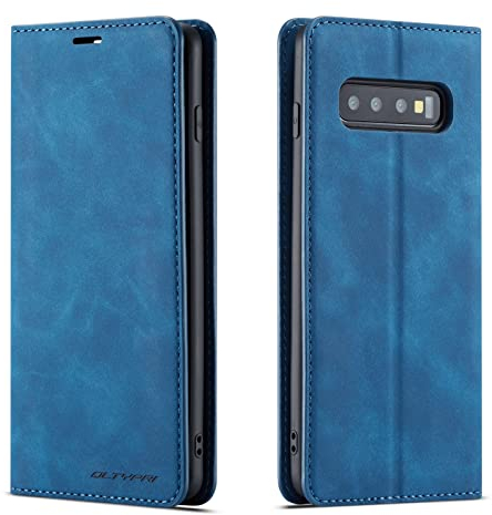 QLTYPRI Case for Samsung Galaxy S10, Premium PU Leather Cover TPU Bumper with Card Holder Kickstand Hidden Magnetic Adsorption Flip Wallet Case Cover for Samsung Galaxy S10 - Blue