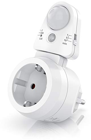 CSL - Steckdosen Bewegungsmelder mit Timer - Zeitschaltuhr digital – Lichtsensor 3, 600, 1200 Lux – PIR Infrarotsensor Bewegungssensor – Sensoreinheit 180° drehbar - 1, 5, 10 Minuten - 10A, 2300 W