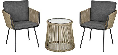 Outsunny Set da Giardino 3 Pezzi in Rattan PE e Acciaio, Set 2 Sedie con Cuscini Lavabili, Braccioli, Tavolino da Caffè con Piano in Vetro, Set di Mobili da Balcone Patio Cortile, Caffè/Grigio Scuro