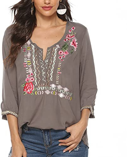 Seasonal - Blusa de encaje tradicional mexicana para mujer, top campesino hippie de verano con cuello en V, manga 3/4, túnica holgada casual, L