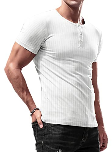 Lehmanlin Henley Shirt Slim Fit Muscle T Shirt (Bianco/XL)