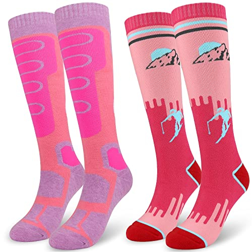 2 Paar Damen Sportsocken Skisocken Kniehohe Thermosocken, lange Schlauch, dicke, warme Baumwollsocken für Mädchen, multifunktional, Outdoor-Skifahren, Wandern, Reitsocken, Pink, 42