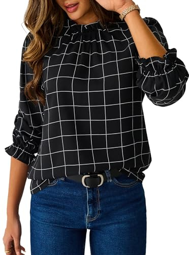 Avanova Women Plaid 3/4 Long Sleeve Blouses Dressy Casual Work Business Shirts Mock Neck Ruffle Tops Plaid Black X-Large