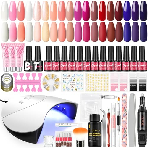 COSCELIA 15 Stück UV Nagellack Set mit UV Lampe, Nägel Starterset 3pcs Poly Nail Extension Gel Elektrische Nagelfräser Top & Base Coat Gel Nägel Selber Set für Anfänger