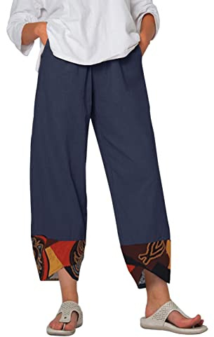 Yuson Girl Pantalones Mujer Pantalones Largos Mujer Verano Cintura Alta Elasticos con Bolsillos Causal Flojo Largos Playa 7/8 Pantalones Anchos Pantalones Lino Casual con Bolsillo(A, XL)