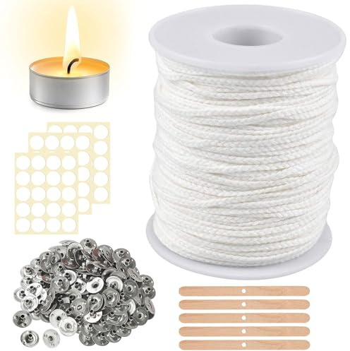 61m Mechas para Velas, Rollos de Algodón Natural Vela Mecha con 100 Porta Mechas, Mecha de Vela de Algodón, Mecha para Velas, Mechas Naturales para Velas, Mechas para Velas Caseras Kit, Velas DIY