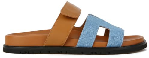 Ulalaza Claquettes en jean décontractées en tissu jean pour femme - Mules plates à bout ouvert - Sabots à plateforme - Sandales bohème antidérapantes - Dos nu - Mocassins à enfiler - Tongs de marche