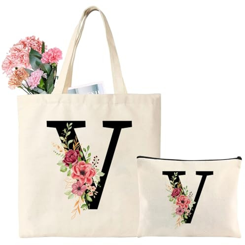 Tarklanda Cadeau Femme, Initiale Sac Fourre Tout Personnalisés, Alphabet Sac en Toile avec Poches, Cadeau pour Amie Maman Collègue Anniversaire Mariage Fête des Mères (V)