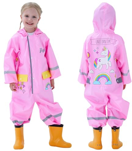 Hovkib Kids Raincoats Girls Boys Puddle Suit Waterproof All In One Rainsuit Children Hooded Rain Coat Cute Cartoon Rainsuit Muddy Suit Reusable Rain Jacket Rainwear 1-10 Years