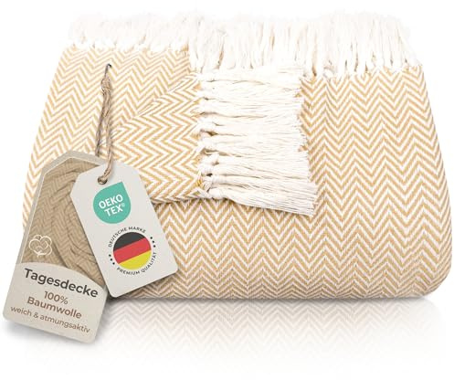 Gräfenstayn Premium Manta sofá con Flecos - 100% Algodón - 150 x 200 cm - Colcha de Verano con patrón de Espiga - Manta de algodón como Manta de Cama, Colcha para sofá (Beige)