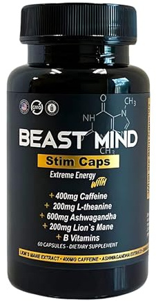 Beast Mind Extreme Energy Pills | 400mg Caffeine | 600mg Ashwagandha | 200mg Lions Mane | Increased Energy & Focus & Mood | Pre-Workout Supplement