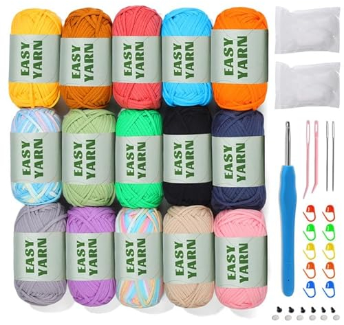 15 X 50g Baumwolle Häkelgarn Chenille Wolle mit Sichtbaren Maschen - Easy Crochet Yarn Cotton zum Häkeln mit 4mm Nadel