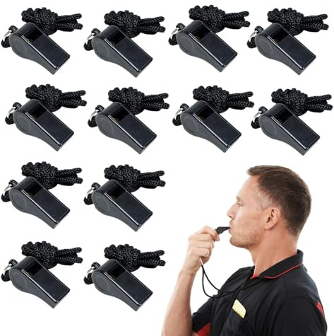 12Pcs Whistle Sports Whistles with Lanyard Professional Loud Clear Crisp Sound Whistles for Coaches Referees Lifeguards Teacher Officials Outdoor Emergency Portable Black