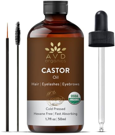 AVD Organics Castor Oil 50ml - USDA Certified Organic |100% Pure & Hexane Free | Cold Pressed | Growth for Eyelashes, Eyebrows, Hair | with Eyebrow & Eyelash Brush | 1.7 fl oz