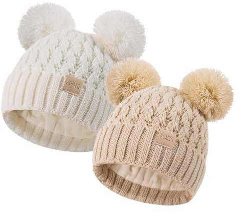 XOMZG Toddler Winter Beanie Hat, Infant Winter Warm Knit Fleece Lined Cap for Girls Boys with Pom Pom for 0-36 Months 2 Packs