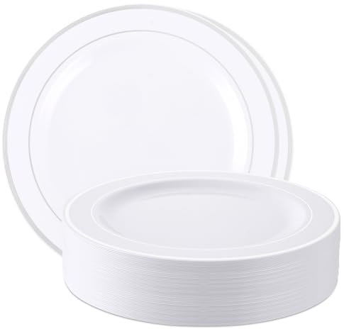 MUXHEL Lot de 40 assiettes en plastique blanches de 26 cm - Réutilisables - Assiettes en plastique réutilisables - Assiettes de fête - Assiettes de fête - Assiettes en plastique (blanc & argent)