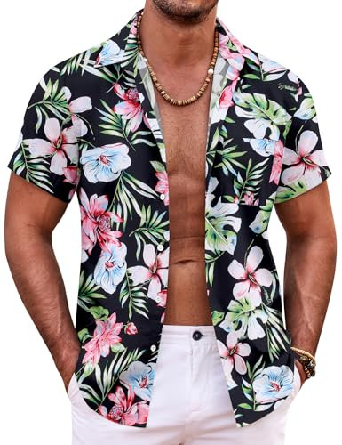 COOFANDY Hawaiihemd Herren Sommer Kurzarm Baumwolle Blumen Hemd Floral Strandhemd Button Down Bügelfrei Hawaii Shirt Schwarze Blumen XL