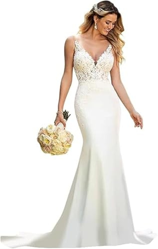 TSxuelian - Vestidos de novia de satén para mujer, estilo sirena, sin mangas, estilo bohemio, largos, con encaje