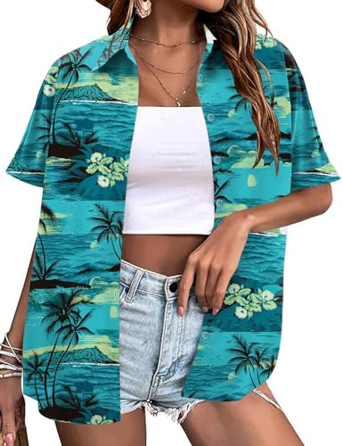 LOMON Hawaiian Shirts for Women Floral Tropical Button Down Short Sleeve Hawaii Beach Tshirts Blue Coconut Tree M