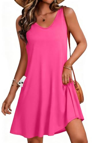 CHICGAL Womens Summer Dresses Casual Sleeveless Loose T Shirt V Neck Sundress Swing Beach Cover Up with Pockets (Solid Pink， 3XL)