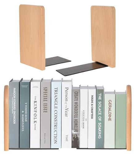 2 Pair Beech Wood Book Ends for Shelves, Non-Slip Bookends, Heavy Duty Wooden Bookend Support for Home Office Library School Study Decoration