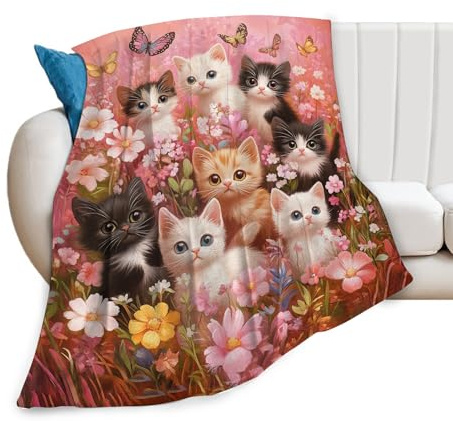 Manta de gato rosa con estampado de gatos divertidos, mantas de forro polar afelpado, regalos para niñas y niños, súper suave, cálida, acogedora, mariposa, flor, animal de peluche para niños, hombres