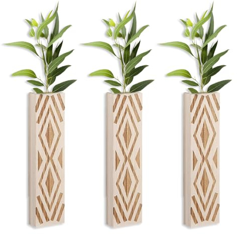 Set de 3 Jarrones de Pared de Madera - Plantadores Colgantes con Acabado Marrón Rústico, Decoración Moderna para Flores Artificiales y Plantas (A)